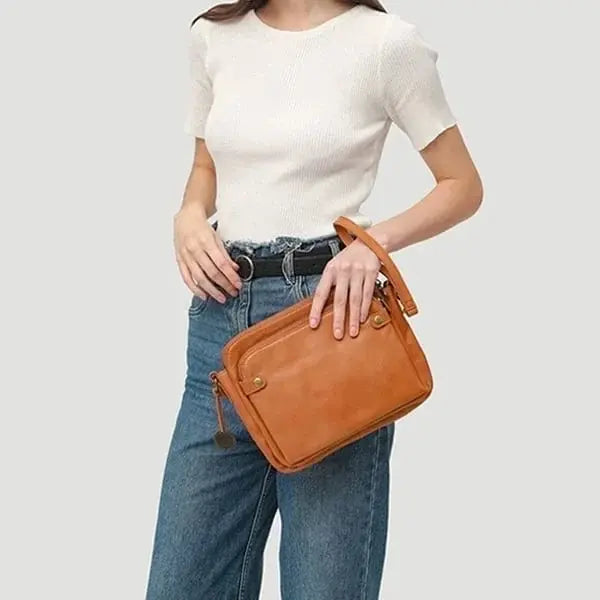 Leather Crossbody Bag with Three Compartments and Detachable Strap, Convertible Clutch All Vera Mart