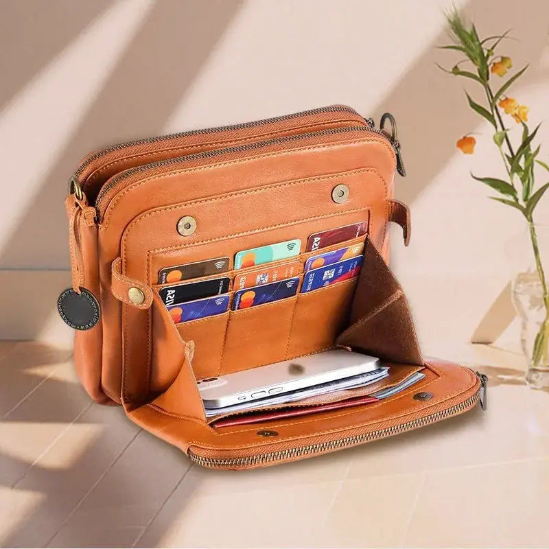 Leather Crossbody Bag with Three Compartments and Detachable Strap, Convertible Clutch All Vera Mart