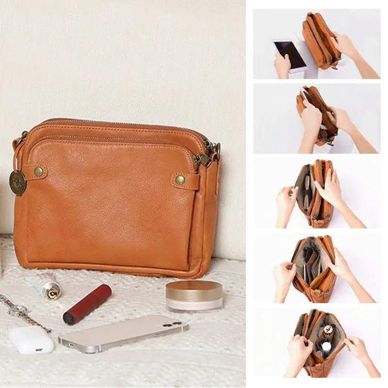 Leather Crossbody Bag with Three Compartments and Detachable Strap, Convertible Clutch All Vera Mart