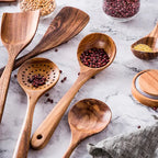 Teak Wood Utensil Set with Natural Oil Finish and Heat Resistant Grip, 8-Piece All Vera Mart