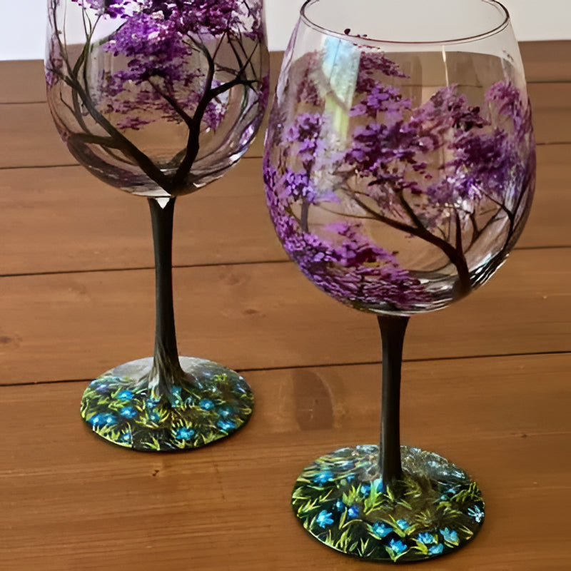 Hand Painted Wine Glasses with Four Seasons Tree Design, 12 Ounce Capacity All Vera Mart