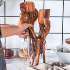 Teak Wood Utensil Set with Natural Oil Finish and Heat Resistant Grip, 8-Piece All Vera Mart