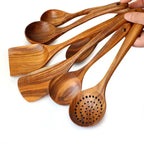 Teak Wood Utensil Set with Natural Oil Finish and Heat Resistant Grip, 8-Piece All Vera Mart