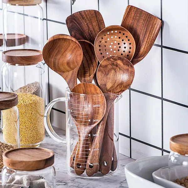 Teak Wood Utensil Set with Natural Oil Finish and Heat Resistant Grip, 8-Piece All Vera Mart