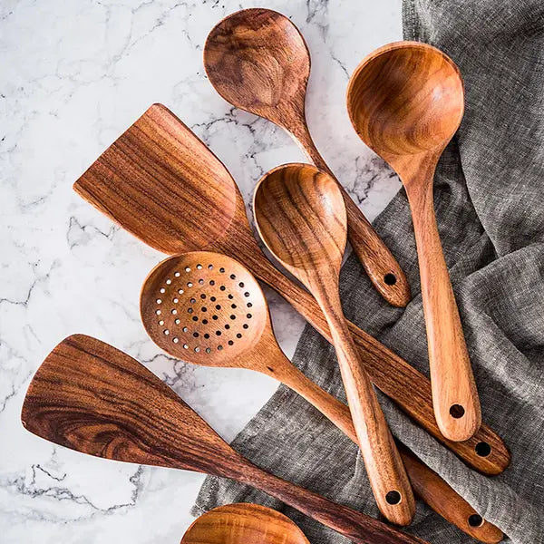 Teak Wood Utensil Set with Natural Oil Finish and Heat Resistant Grip, 8-Piece All Vera Mart