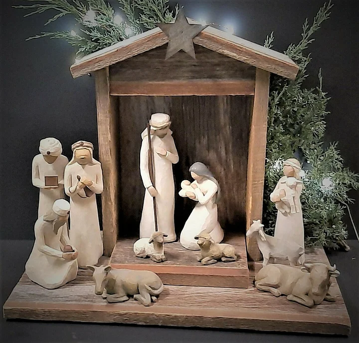 Handmade Barn Wood Nativity Creche with Six Wooden Figures and Metal Frame All Vera Mart