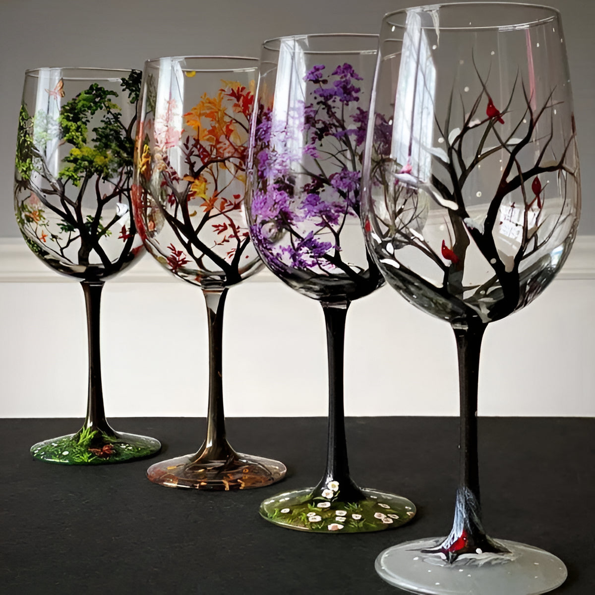 Hand Painted Wine Glasses with Four Seasons Tree Design, 12 Ounce Capacity All Vera Mart