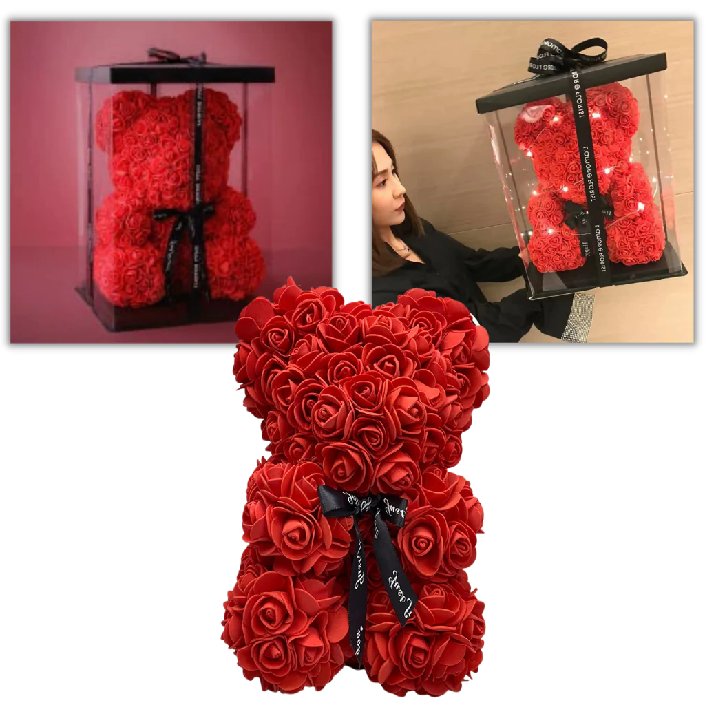 Foam Rose Teddy Bear with Ribbon Accent, 9.8 Inches Tall All Vera Mart