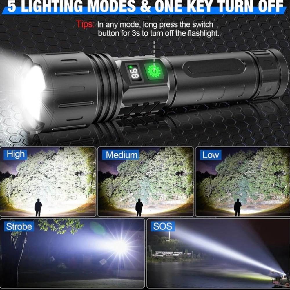 Rechargeable Flashlight with 100000 Lumen Output and Adjustable Beam Focus All Vera Mart
