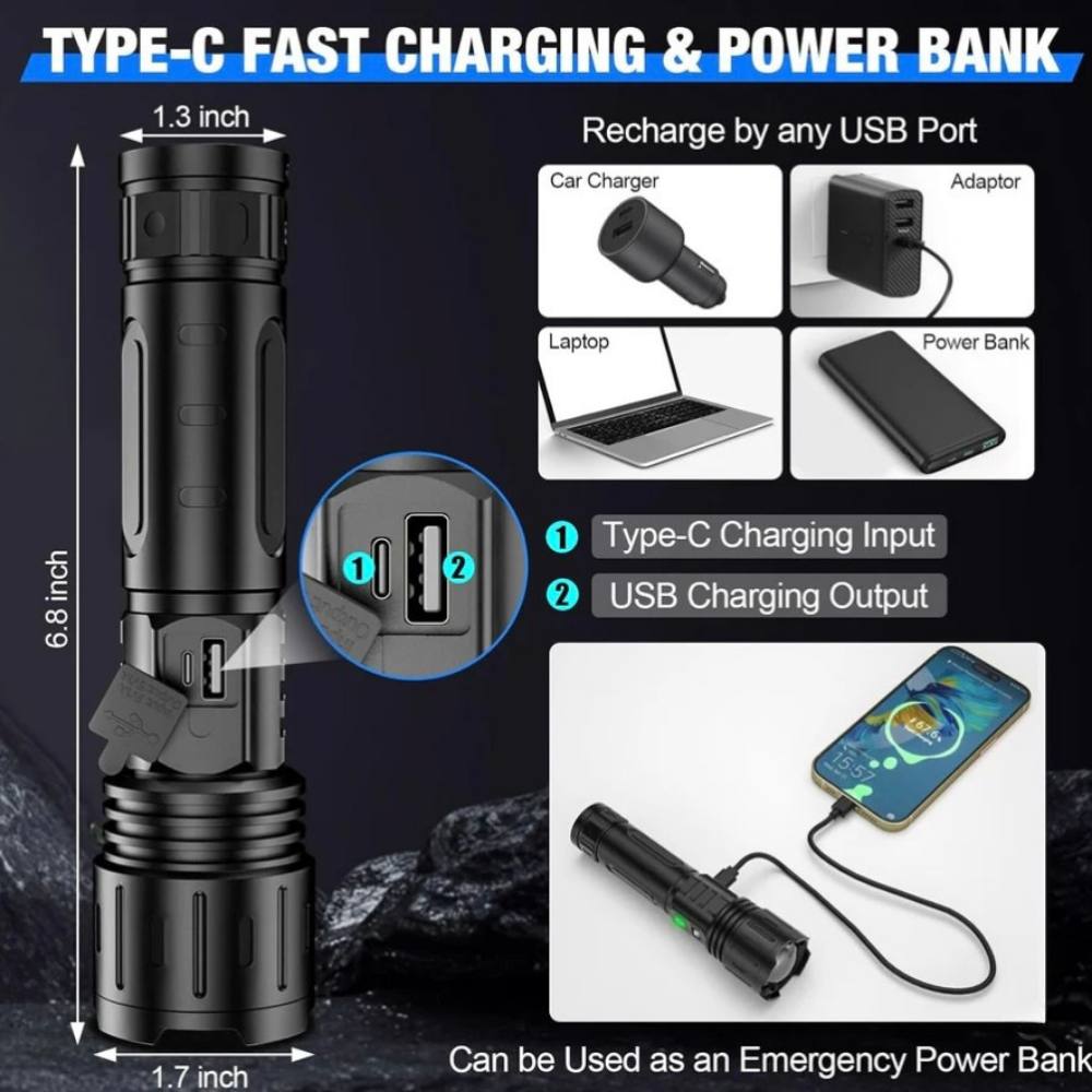 Rechargeable Flashlight with 100000 Lumen Output and Adjustable Beam Focus All Vera Mart