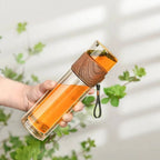Insulated Glass Bottle with Built-In Steel Tea Filter and Wooden Lid, 13.5oz All Vera Mart