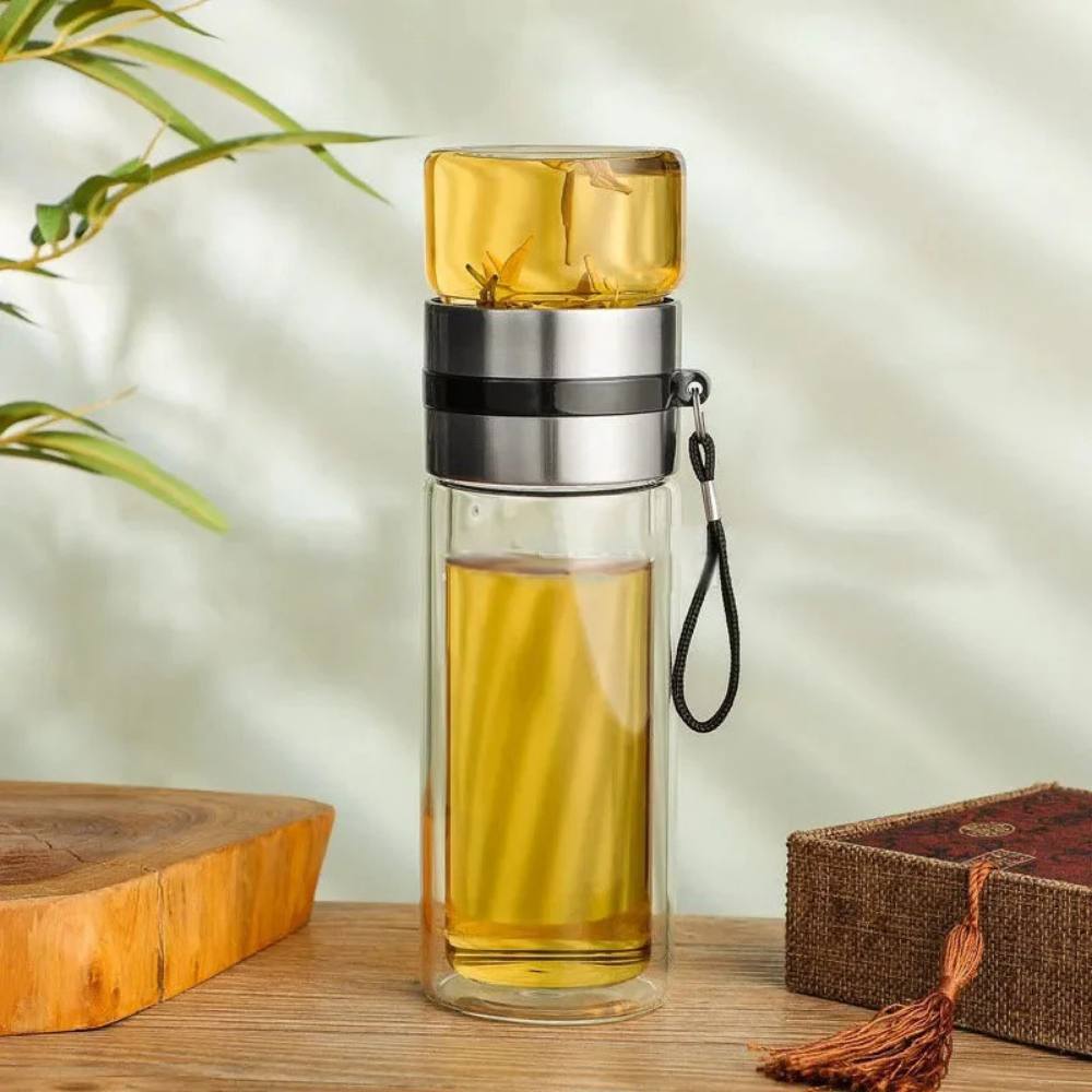 Insulated Glass Bottle with Built-In Steel Tea Filter and Wooden Lid, 13.5oz All Vera Mart