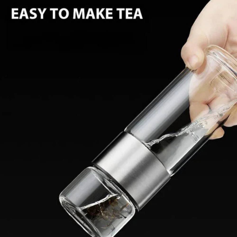 Insulated Glass Bottle with Built-In Steel Tea Filter and Wooden Lid, 13.5oz All Vera Mart