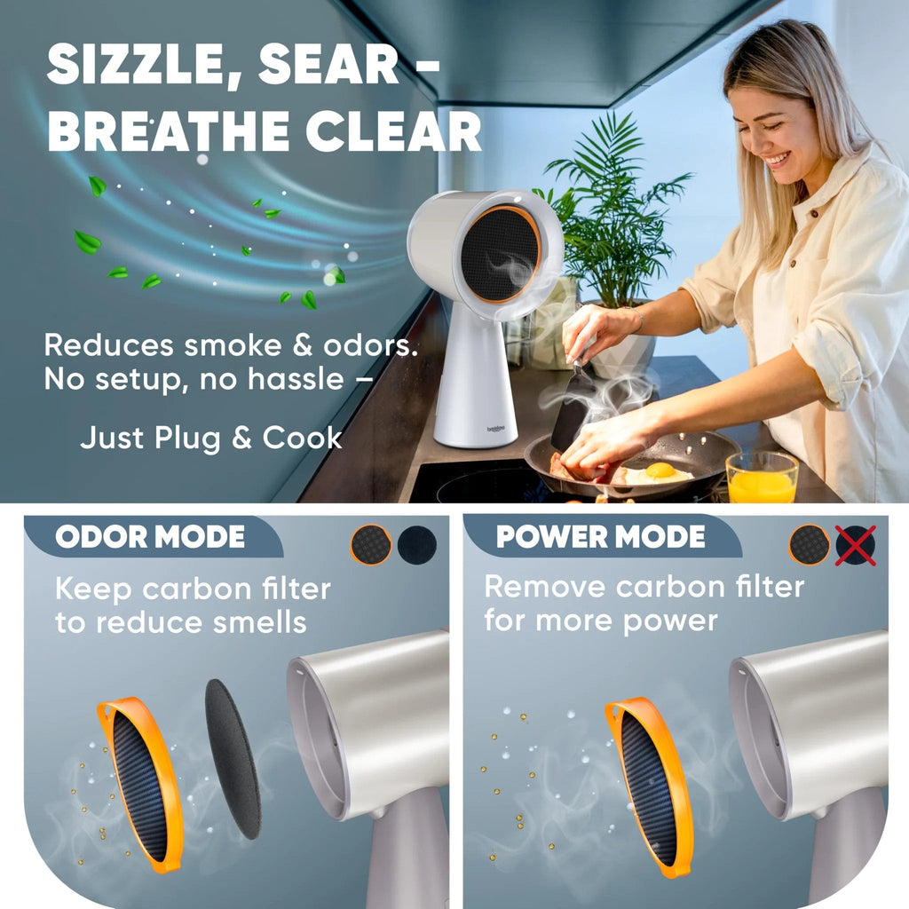 Woman using portable countertop range hood with 5-layer filtration, 3-speed quiet exhaust, and plug‑and‑play setup that pulls smoke, odors, and grease without ducting, ideal for apartments, dorms, RVs, and indoor grills.