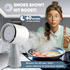 Portable countertop range hood with 5-layer filtration setup beside a frying pan, showing smoke extraction in use.