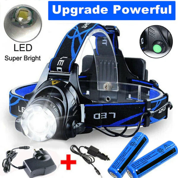 Rechargeable LED Headlamp with Adjustable Zoom and Triple Beam Modes, Water Resistant All Vera Mart