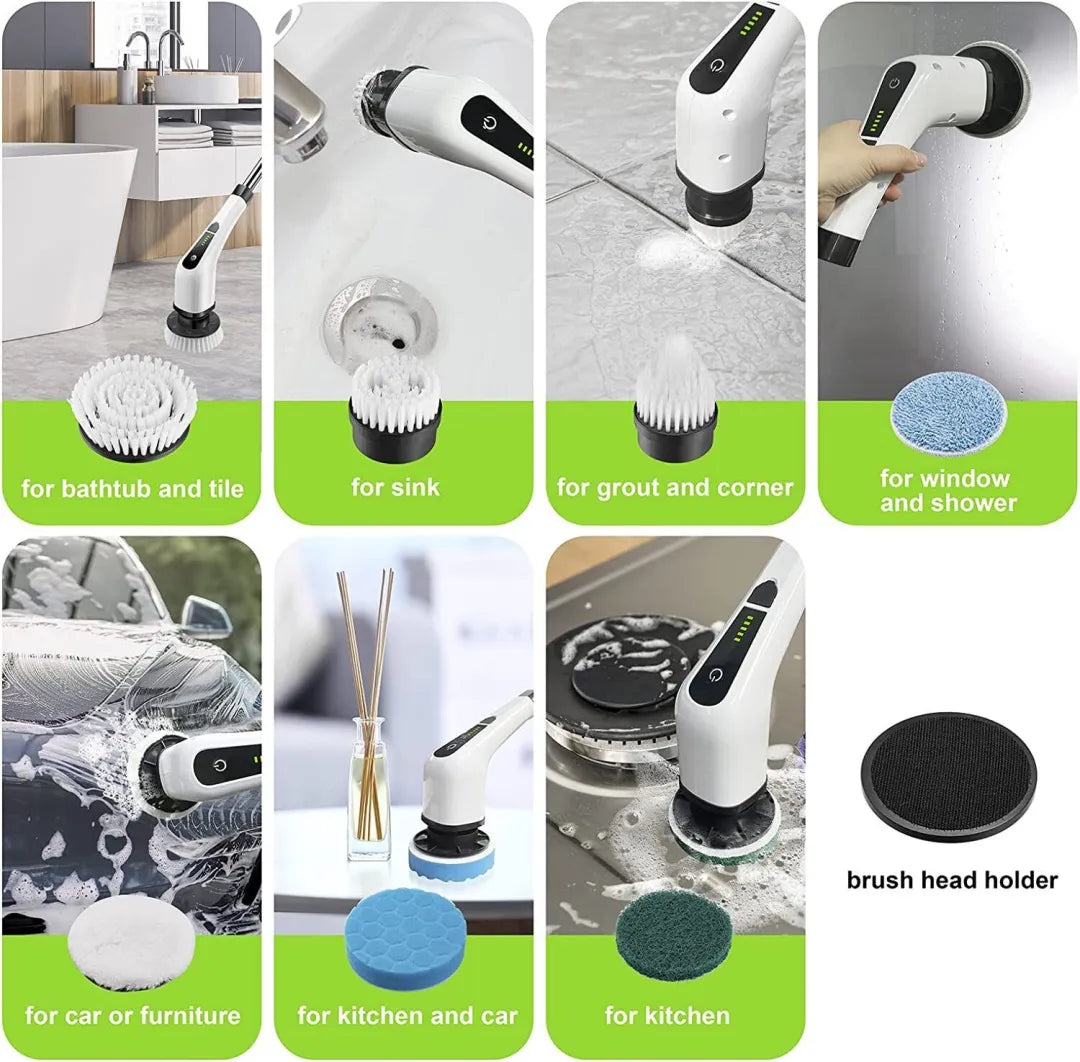 Cordless Spin Scrubber with 8 Interchangeable Heads and Adjustable Handle for Tile, Tubs, Counters All Vera Mart