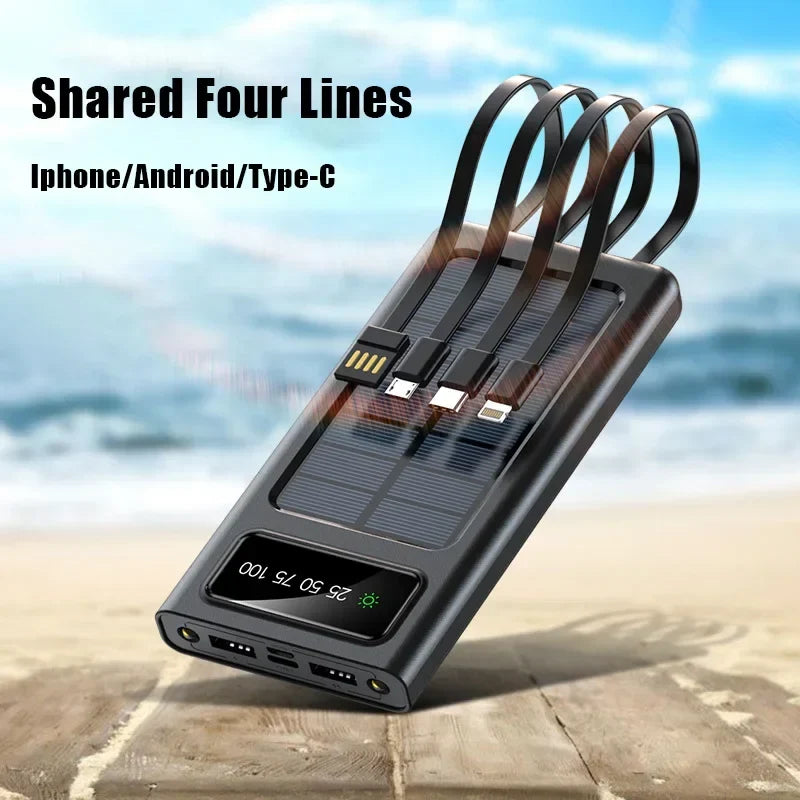 Solar Power Bank 200000mAh with Four Built-in Cables and LED Flashlight, Digital Display All Vera Mart