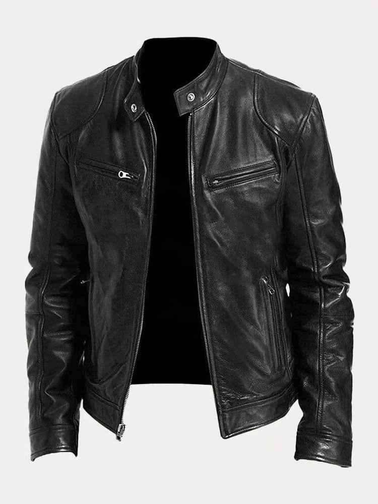 Structured Stand Collar Jacket with Snap Tab and Zip Pockets, Hip Length All Vera Mart
