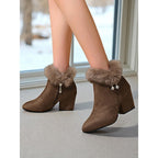 Womens Block Heel Ankle Boots with a Plush Collar, Pointed Toe and Side Zip in Brown or Black