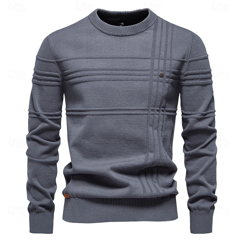 Mens Textured Crewneck Sweater with Subtle Woven Lines and a Tailored Fit in Five Colors