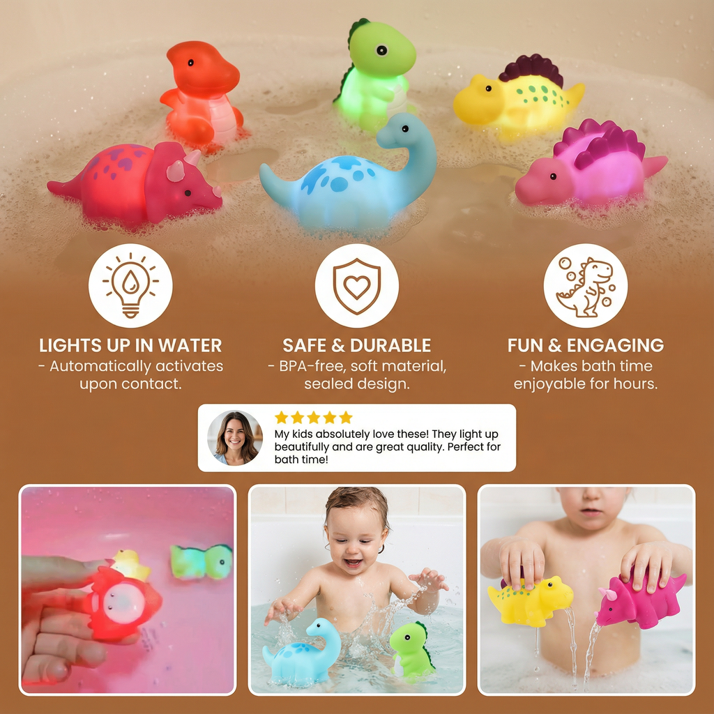 Water-Activated LED Dinosaur Bath Toys with Color Cycling and Night Light Use All Vera Mart