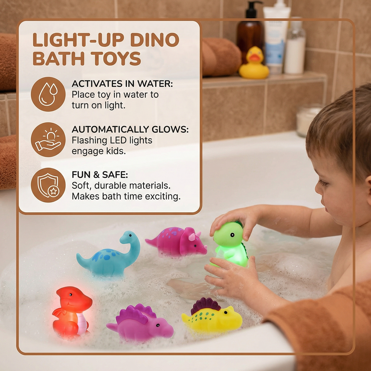 Water-Activated LED Dinosaur Bath Toys with Color Cycling and Night Light Use All Vera Mart