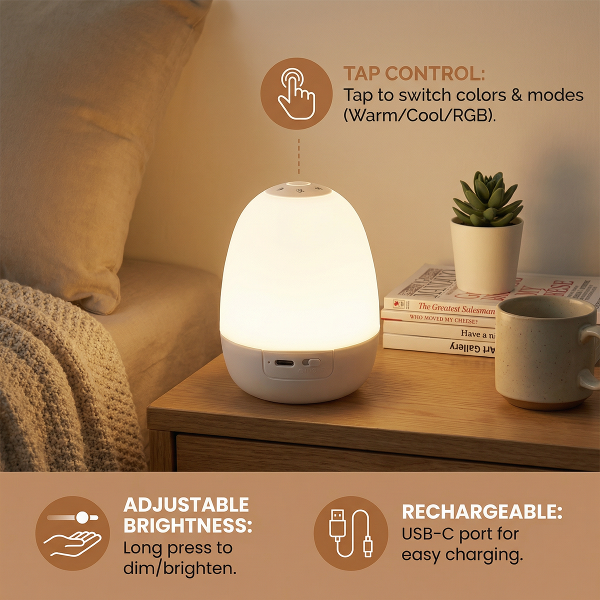 Egg Shaped Night Light with Touch Control and Rechargeable Battery All Vera Mart