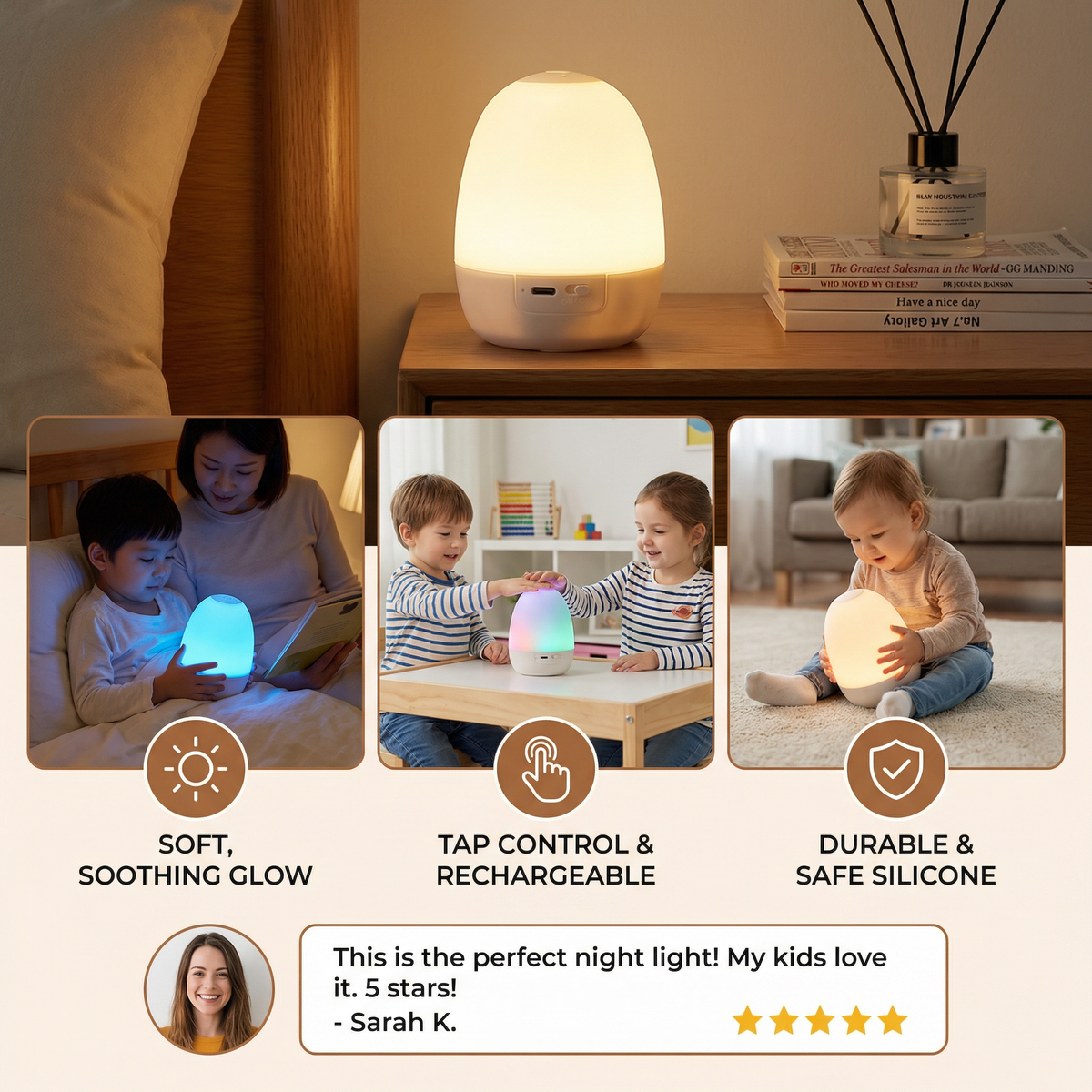 Egg Shaped Night Light with Touch Control and Rechargeable Battery All Vera Mart