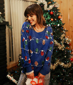 Womens Blue Christmas Lights Sweater with Colorful Bulb Design for Holiday Parties