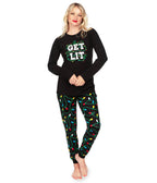Womens Christmas Lights Pajama Set with Get Lit Slogan Top and Printed Pants