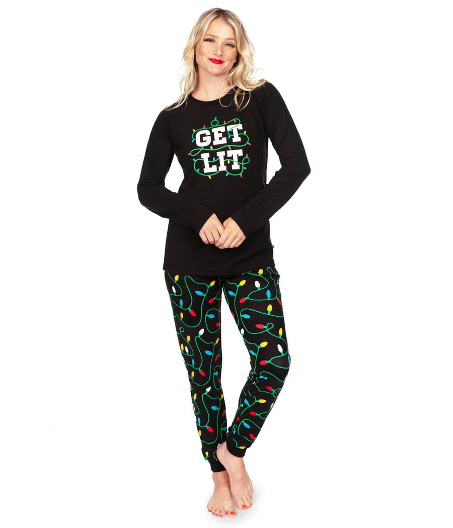 Womens Christmas Lights Pajama Set with Get Lit Slogan Top and Printed Pants