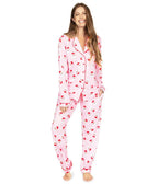 Womens Pink Santa Print Lapel Pajama Set for Christmas