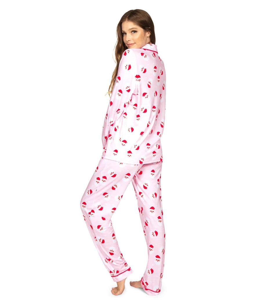 Womens Pink Santa Print Lapel Pajama Set for Christmas