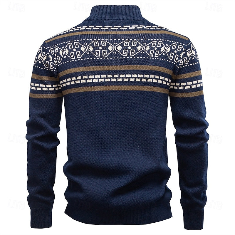 Zip Up Cardigan with Fair Isle Pattern and Stand Collar, Full Sleeves All Vera Mart