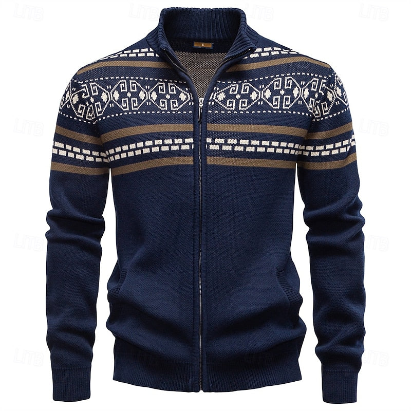Zip Up Cardigan with Fair Isle Pattern and Stand Collar, Full Sleeves All Vera Mart