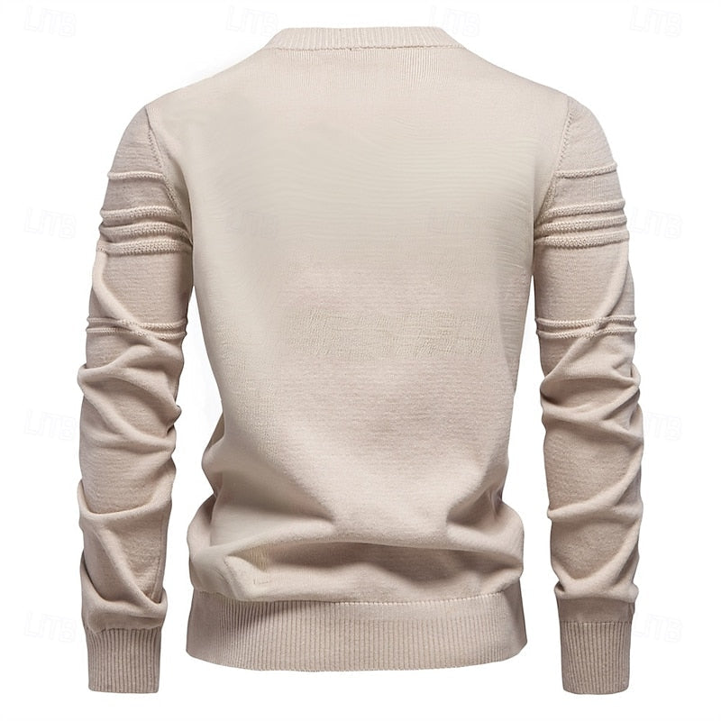 Mens Textured Crewneck Sweater with Subtle Woven Lines and a Tailored Fit in Five Colors